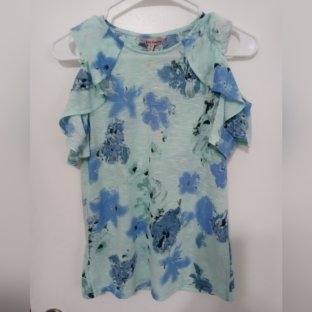 Juicy Couture Cold Shoulder Romantic Cascade Floral Raglan Blouse Ruffles New XS